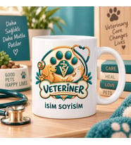 Veteriner Kupa Bardak Kedi Köpek Pati ve Stetoskop Desenli