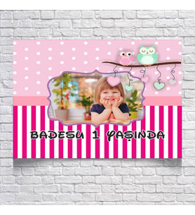 Pembe Çizgili Baykuşlu Doğum Günü Afişi 35X50 cm