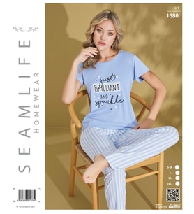 Seamlife Kadın Extra Yumuşak %100 Pamuk Milan Kısa Kollu Pijama Takımı (Mavi)