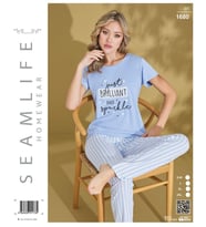 Seamlife Kadın Extra Yumuşak %100 Pamuk Milan Kısa Kollu Pijama Takımı (Mavi)