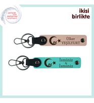 Kurumsal Şık Hediyelik, Çocuk Ve Ayyıldız Kişiye Özel Deri Anahtarlık Set, Yavru Ağzı-Turkuaz