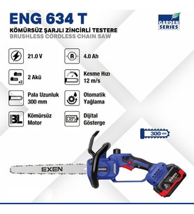 EXEN ENG 634 T - 21V 4Ah 300mm Kömürsüz Şarjlı Zincirli Testere