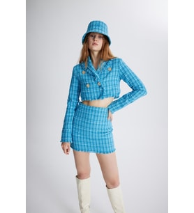Tüvit Kumaş Crop Tweed Ceket Mavi
