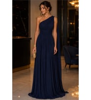 Neşeli butik kadın lacivert tek omuz pilise detaylı simli tül kumaş abiye elbise NBSWLL16