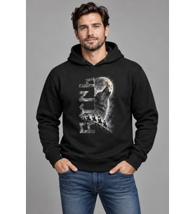 Dolunay ve Atlılar Göktürk Kurt Baskılı Siyah Kapüşonlu Cepsiz Sweatshirt