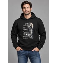 Dolunay ve Atlılar Göktürk Kurt Baskılı Siyah Kapüşonlu Cepsiz Sweatshirt