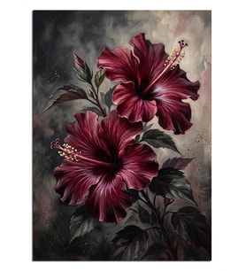 Koyu Fonda Bordo Hibiskus Çiçekleri Dekoratif Kanvas - Mdf Ahşap Tablo