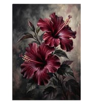 Koyu Fonda Bordo Hibiskus Çiçekleri Dekoratif Kanvas - Mdf Ahşap Tablo
