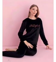 Pijamerry Kadın Kışlık Bisiklet Yaka Kadife Pijama Takımı 3051S - 1 Adet (Siyah)