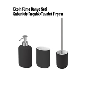 3 Parça Banyo Seti Ekoln Sabunluk, Diş Fırçalık, Tuvalet Fırçası Koyu Gri Renk Stoneware 