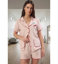 Kadın Kısa Kollu Saten Pijama Takımı Rahat Ev Giyim Seti Şık Görünüm Trend Tasarım (Bej)