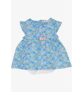Breeze Kız Bebek Elbise Zıbınlı Çiçek Desenli Fiyonklu 9 Ay-3 Yaş, Mavi
