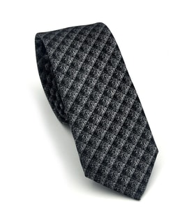 Füme Küp Desenli Gri Dokuma Kumaş Mendilli Slim Fit Kravat // SDK-2605-3
