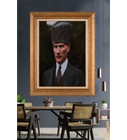 Altın Varaklı Çerçeveli Paspartulu Atatürk Tablo nh346 (Gold)