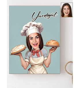 Kişiye Özel Ahçı Ekmek Yapan Kadın Karikatür Baskılı Ahşap Tablo 30x40