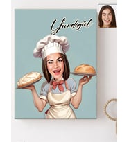 Kişiye Özel Ahçı Ekmek Yapan Kadın Karikatür Baskılı Ahşap Tablo 30x40