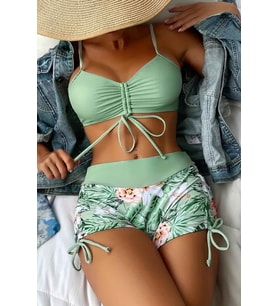Angelsin Büzgü Ayarlı Baskılı Bikini Takımı (Yeşil)