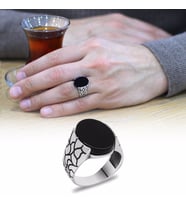 Oval Oniks Taşlı Delta Tasarım 925 Ayar Gümüş Erkek Yüzük (Çok Renkli)