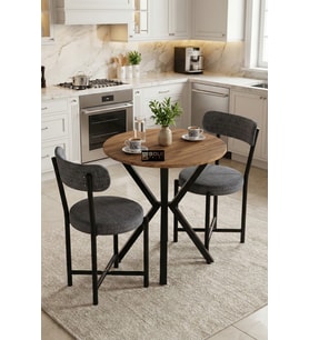 Mutfak Masası 70 Çap Yuvarlak 2 Sandalyeli Masa Takımı Modern Set Bahçe Balkon Cafe Teddy 9840 Gri