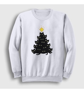 Presmono Unisex Beyaz Lights Black Cat Kedi Yılbaşı Sweatshirt 364321tt