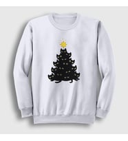 Presmono Unisex Beyaz Lights Black Cat Kedi Yılbaşı Sweatshirt 364321tt