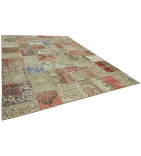 Kırmızı Halı Modern Patchwork Desenli El Dokuma Salon Halısı Bej Renk Eskitme Vintage Görünümlü