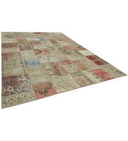 Kırmızı Halı Modern Patchwork Desenli El Dokuma Salon Halısı Bej Renk Eskitme Vintage Görünümlü