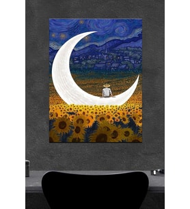 Van Gogh Parlayan Ay'da Oturan Adam Ahşap Poster (27x18)