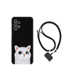 Samsung Galaxy M14 Kılıf Resimli Boyun Askılı İpli Desenli Silikon Series White Cat 1835 Uyumlu