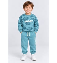 Erkek Çocuk Rugby Topu Baskılı Pamuklu Sweatshirt ve Pantolon Eşofman Takımı Ak119