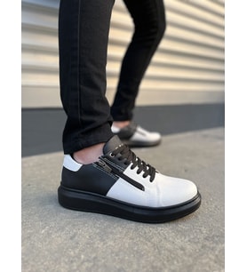 Warrior Bağcıklı ve Fermuarlı Cilt Erkek Günlük Sneaker Ayakkabı CST - Siyah/Beyaz
