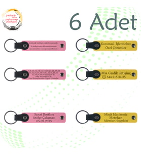 Pembe & Sarı, 6’lı Set, İsim Yazılabilen Deri Anahtarlık, Yılbaşı Kutlamalarına Küçük Hediye