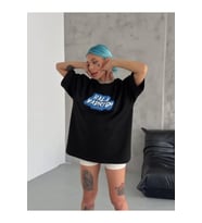 Unisex Bisiklet Yaka Baskılı Oversize T-Shirt - Siyah
