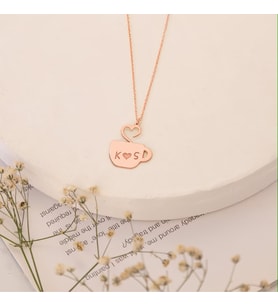 Kişiye Özel 925 Ayar Gümüş Tasarım Kahve Fincan Figürlü Çift Harf Kolye (Rose)