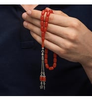 925 Ayar Gümüş Kazaz Püsküllü Kapsül Kesim Turuncu Sıkma Kehribar Tesbih