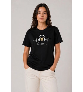 Kadın Müzik Temalı Baskılı Tişört Bisiklet Yaka Kısa Kol T-Shirt - Siyah