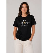 Kadın Müzik Temalı Baskılı Tişört Bisiklet Yaka Kısa Kol T-Shirt - Siyah