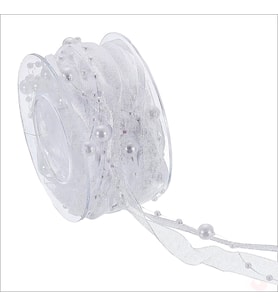 İncili ve Satenli Organze Kurdele, 4 cm x 4,57 mt - Beyaz