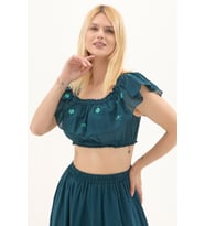 Petrol Vual Nakışlı Yazlık Crop Bluz