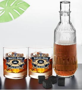 BK Gift Kişiye Özel İsimli DTF Chivas Tasarımlı İkili Viski Kadehi, Viski Taşı ve Karaf Seti-1, Arkadaşa Hediye, Sevgiliye Hediye