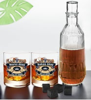 BK Gift Kişiye Özel İsimli DTF Chivas Tasarımlı İkili Viski Kadehi, Viski Taşı ve Karaf Seti-1, Arkadaşa Hediye, Sevgiliye Hediye