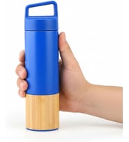 600 ml Bambu Tabanlı Kulplu Çelik Termos Mug - 5 Renk Seçenekli Sıcak/Soğuk Tutucu Seyahat Bardağı (MAVİ)