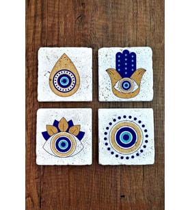Doğal Taş Bardak Altlığı 4'lü Set 10x10x1 cm Nazar Boncuğu Desenli - EvilEye Stone Coasters 356