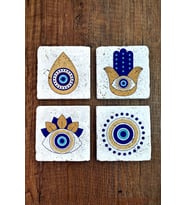 Doğal Taş Bardak Altlığı 4'lü Set 10x10x1 cm Nazar Boncuğu Desenli - EvilEye Stone Coasters 356