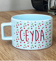 Kişiye Özel İsim Yazılı Hediye Pastel Fincan Kiraz Desenli Meyveli (Mavi)