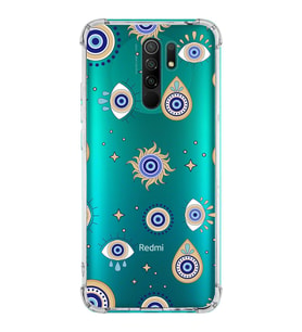 PrintiFy Xiaomi Redmi 9 Uyumlu Nazar Boncuğu 5 Baskılı Şeffaf Köşe Korumalı Antişok Kılıf