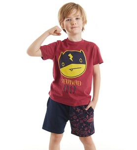 Süper Güçlü Erkek Çocuk T-shirt Şort Takım (Bordo-Lacivert)