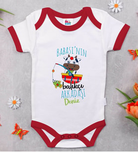 BK Kids Kişiye Özel Babasının Balıkçı Arkadaşı Tasarımlı Kırmızı Bebek Body Zıbın-1
