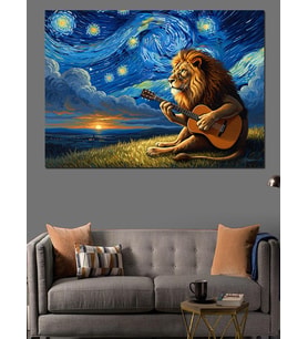 Van Gogh Tarzında Gitar Çalan Aslan Dekoratif Kanvas - Mdf Ahşap Tablo