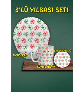 Yılbaşı Temalı 3'lü Bilek Destekli Mousepad Kupa ve Bardak Altlığı Seti